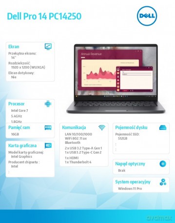 Laptop Dell Pro 14 PC14250 W11P C7 150U/16GB/512GB CL25/FgrPr/FHD IR Cam&Mic/WLAN+BT|14.0 FHD+|BcklKb/3C/65W/3YPS Magnetite color, textured finish