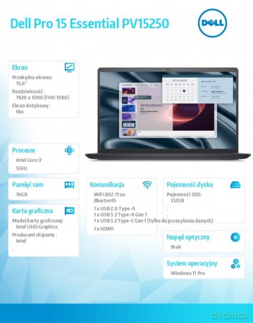 Laptop Dell Pro 15 Essential PV15250 W11P i7-1355U|16GB|512GB|Intel UHD|FgrPr|WLAN+BT|15.6 FHD|BcklKb|4C|65W|3YPS Carbon Black (Plastic)