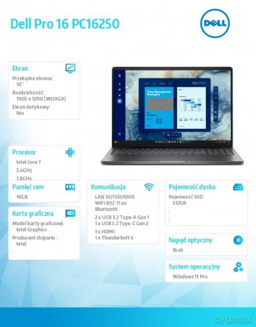 Laptop Dell Pro 16 PC16250 W11P C7 150U/16GB/512GB CL25/FgrPr/FHD IR Cam&Mic/WLAN+BT/16.0 FHD+/BcklKb/3C/3YPS Magnetite color, textured finish