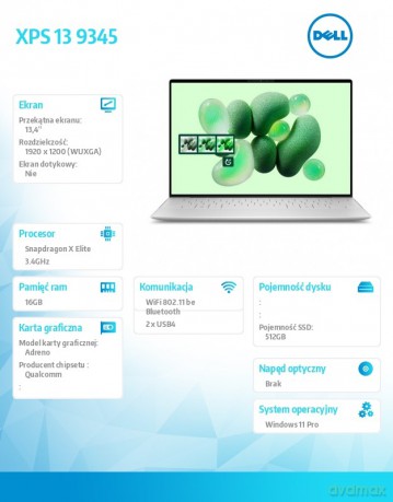 Laptop XPS 13 9345 Win11Pro XELITE12C/16GB/512GB SSD/13.4 FHD+ AntiGlare/UMA GPU/FgrPr/FHD/IR Cam/Mic/WLAN + BT/Backlit Kb/3 Cell/3Y ProSupport