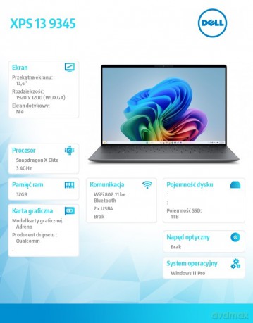 Laptop XPS 13 9345 Win11Pro XELITE12C/32GB/1TB/13.4 FHD+ AntiGlare/UMA GPU/FgrPr/FHD/IR Cam/Mic/WLAN + BT/Backlit Kb/3 Cell/3Y Basic