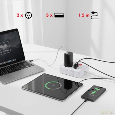 Listwa zasilająca 2 gniazda MCE387 W 3xUSB, 110-240V AC 50/60Hz, 2.1A max 2500W, 1.5m, biała