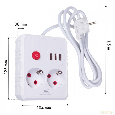 Listwa zasilająca 2 gniazda MCE387 W 3xUSB, 110-240V AC 50/60Hz, 2.1A max 2500W, 1.5m, biała