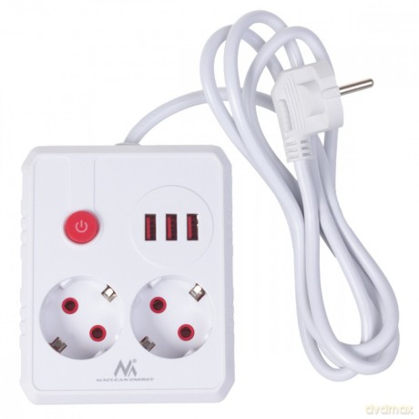 Listwa zasilająca 2 gniazda MCE387 W 3xUSB, 110-240V AC 50/60Hz, 2.1A max 2500W, 1.5m, biała
