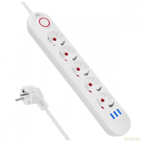 Listwa zasilająca 5 gniazd MCE395 W 3xUSB, 110-240v AC 50/60Hz, 2,1A max 2500W, biała