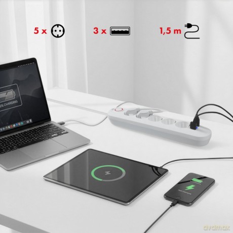Listwa zasilająca 5 gniazd MCE395 W 3xUSB, 110-240v AC 50/60Hz, 2,1A max 2500W, biała