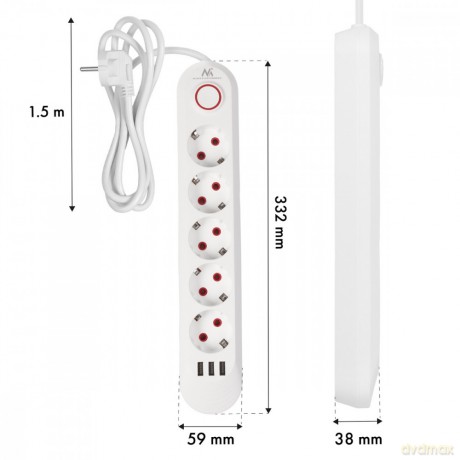 Listwa zasilająca 5 gniazd MCE395 W 3xUSB, 110-240v AC 50/60Hz, 2,1A max 2500W, biała