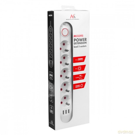 Listwa zasilająca 5 gniazd MCE395 W 3xUSB, 110-240v AC 50/60Hz, 2,1A max 2500W, biała