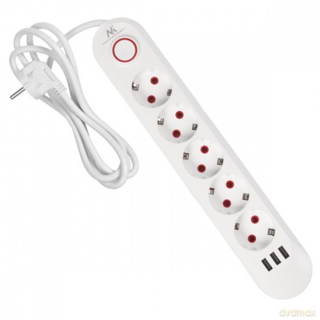 Listwa zasilająca 5 gniazd MCE395 W 3xUSB, 110-240v AC 50/60Hz, 2,1A max 2500W, biała
