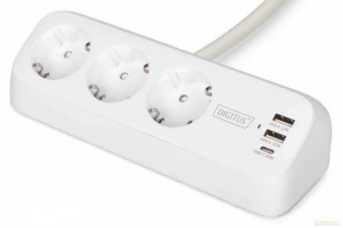 Listwa zasilająca biurkowa, 3 gniazda Schuko, 2x USB-A (2x 12W), 1x USB-C (30W) z zaciskiem na blat, kabel 1,5m, biała