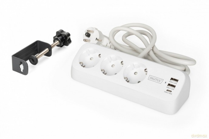 Listwa zasilająca biurkowa, 3 gniazda Schuko, 2x USB-A (2x 12W), 1x USB-C (30W) z zaciskiem na blat, kabel 1,5m, biała