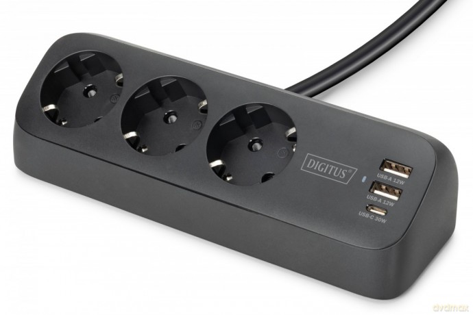 Listwa zasilająca biurkowa, 3 gniazda Schuko, 2x USB-A (2x 12W), 1x USB-C (30W) z zaciskiem na blat, kabel 1,5m, czarna