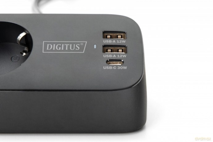 Listwa zasilająca biurkowa, 3 gniazda Schuko, 2x USB-A (2x 12W), 1x USB-C (30W) z zaciskiem na blat, kabel 1,5m, czarna