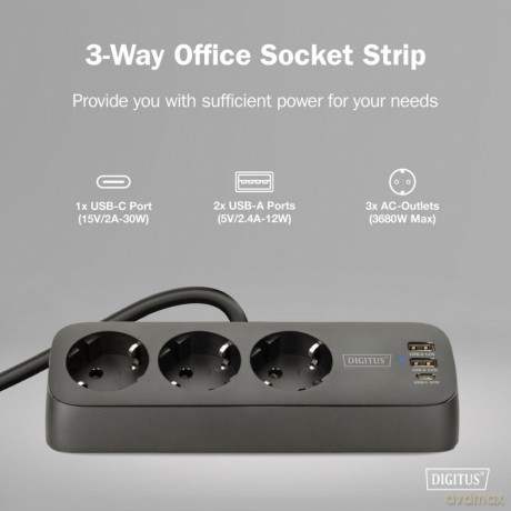 Listwa zasilająca biurkowa, 3 gniazda Schuko, 2x USB-A (2x 12W), 1x USB-C (30W) z zaciskiem na blat, kabel 1,5m, czarna