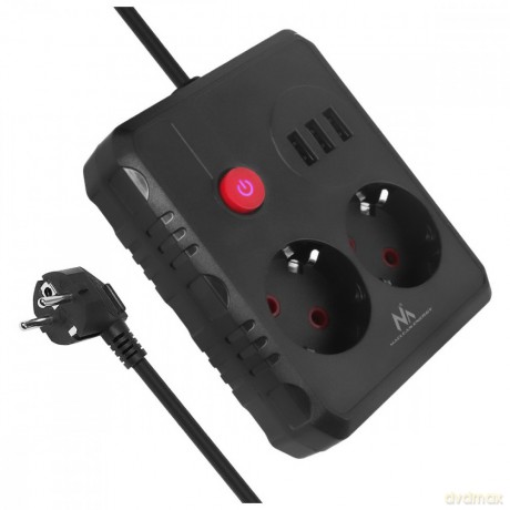 Listwa zasilająca MCE387 B 2 gniazda 3xUSB, 110-240V AC 50/60Hz 2,1A max 2500W, 1,5m czarna