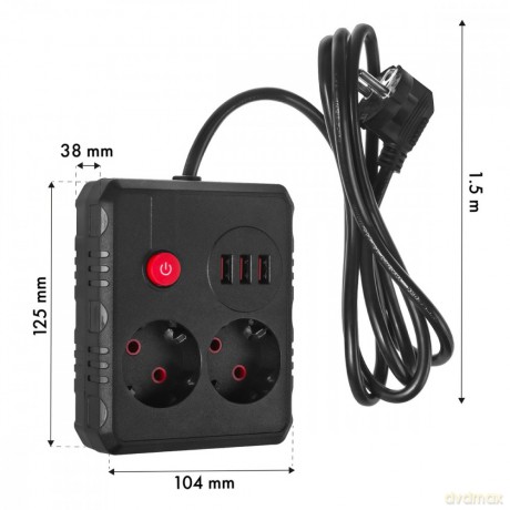 Listwa zasilająca MCE387 B 2 gniazda 3xUSB, 110-240V AC 50/60Hz 2,1A max 2500W, 1,5m czarna