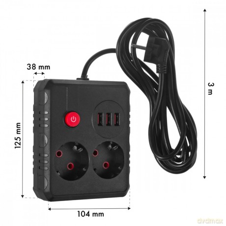 Listwa zasilająca MCE388 B 2 gniazda, 3xUSB, 110-240V AC 50/60Hz, 2.1A max 2500W, 3m czarna