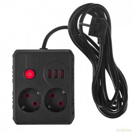 Listwa zasilająca MCE388 B 2 gniazda, 3xUSB, 110-240V AC 50/60Hz, 2.1A max 2500W, 3m czarna