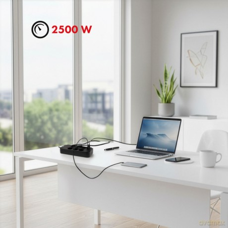Listwa zasilająca MCE389 B 6 gniazd 4xUSB-A, 1xUSB-C 110-240V AC 50/60Hz, 2.1A max 2500W, czarna