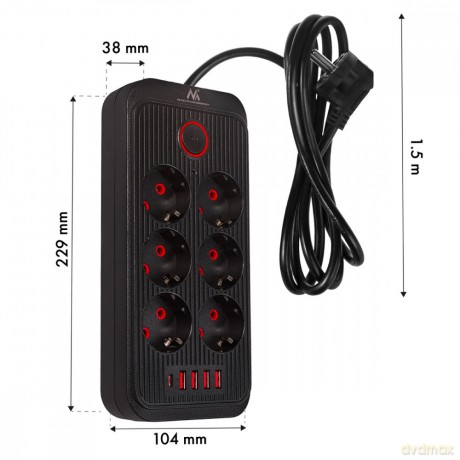 Listwa zasilająca MCE389 B 6 gniazd 4xUSB-A, 1xUSB-C 110-240V AC 50/60Hz, 2.1A max 2500W, czarna