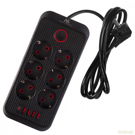 Listwa zasilająca MCE389 B 6 gniazd 4xUSB-A, 1xUSB-C 110-240V AC 50/60Hz, 2.1A max 2500W, czarna