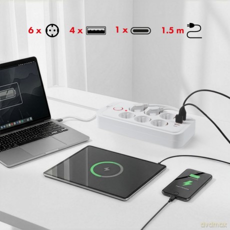 Listwa zasilająca MCE389 W 6 gniazd 4xUSB-A 1xUSB-C 110-240V, AC 50/60Hz, 2.1A max 2500W biała