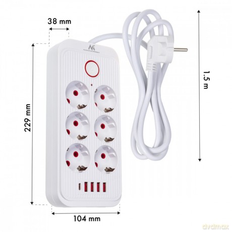 Listwa zasilająca MCE389 W 6 gniazd 4xUSB-A 1xUSB-C 110-240V, AC 50/60Hz, 2.1A max 2500W biała