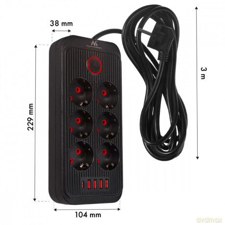 Listwa zasilająca MCE391 B 6 gniazd 4xUSB-A 1xUSB-C, 110-240V AC 50/60Hz, 2.1A max 2500W, czarna