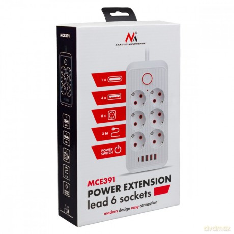 Listwa zasilająca MCE391 B 6 gniazd 4xUSB-A 1xUSB-C, 110-240V AC 50/60Hz, 2.1A max 2500W, czarna