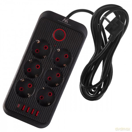 Listwa zasilająca MCE391 B 6 gniazd 4xUSB-A 1xUSB-C, 110-240V AC 50/60Hz, 2.1A max 2500W, czarna