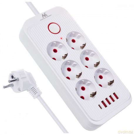 Listwa zasilająca MCE391 W 6 gniazd 4xUSB-A 1xUSB-C 110-240V AC 50/60Hz, 2.1A max 2500W, biała