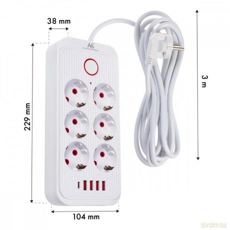 Listwa zasilająca MCE391 W 6 gniazd 4xUSB-A 1xUSB-C 110-240V AC 50/60Hz, 2.1A max 2500W, biała