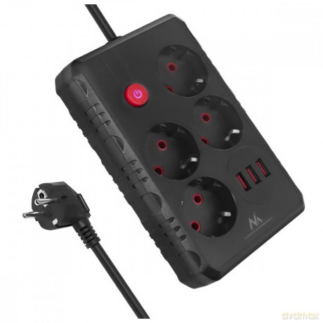 Listwa zasilająca MCE392 B, 4 gniazda 3xUSB, 110-240V AC 50/60Hz, 2.1A max 2500W, 1,5m czarna