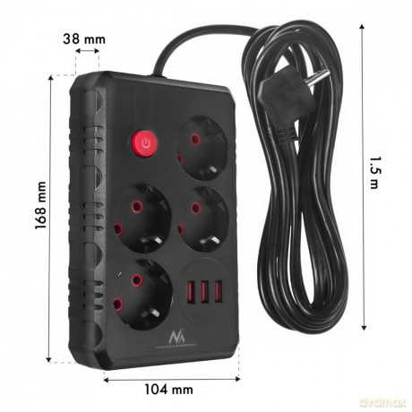 Listwa zasilająca MCE392 B, 4 gniazda 3xUSB, 110-240V AC 50/60Hz, 2.1A max 2500W, 1,5m czarna