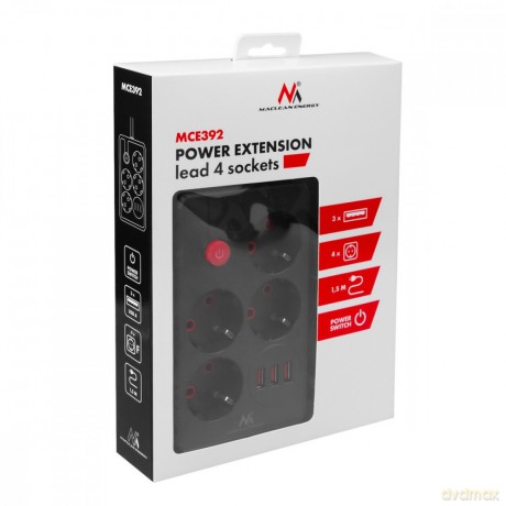 Listwa zasilająca MCE392 B, 4 gniazda 3xUSB, 110-240V AC 50/60Hz, 2.1A max 2500W, 1,5m czarna