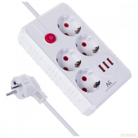 Listwa zasilająca MCE392 W 4 gniazda 3xUSB, 110-240V AC 50/60Hz, 2.1A max 2500W 1,5m biała