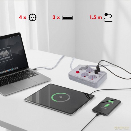 Listwa zasilająca MCE392 W 4 gniazda 3xUSB, 110-240V AC 50/60Hz, 2.1A max 2500W 1,5m biała