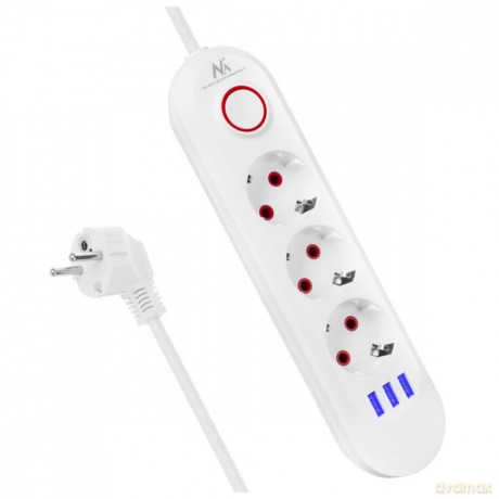 Listwa zasilająca MCE394 W 3 gniazda 3xUSB, 110-240V AC 50/60, 2.1A max 2500W, biała