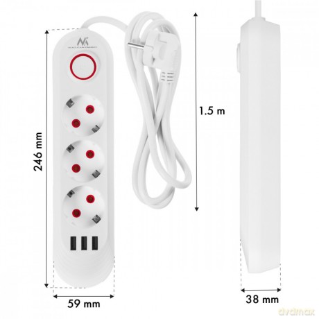Listwa zasilająca MCE394 W 3 gniazda 3xUSB, 110-240V AC 50/60, 2.1A max 2500W, biała