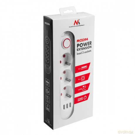 Listwa zasilająca MCE394 W 3 gniazda 3xUSB, 110-240V AC 50/60, 2.1A max 2500W, biała