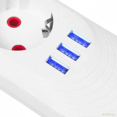 Listwa zasilająca MCE394 W 3 gniazda 3xUSB, 110-240V AC 50/60, 2.1A max 2500W, biała
