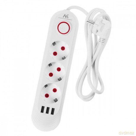 Listwa zasilająca MCE394 W 3 gniazda 3xUSB, 110-240V AC 50/60, 2.1A max 2500W, biała