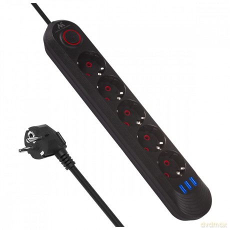 Listwa zasilająca MCE395 B 5 gniazd 3xUSB, 110-240V AC 50/60Hz, 2.1A max 2500W, czarna