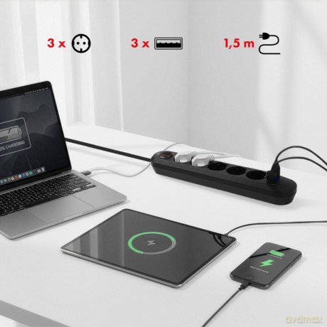 Listwa zasilająca MCE395 B 5 gniazd 3xUSB, 110-240V AC 50/60Hz, 2.1A max 2500W, czarna