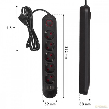 Listwa zasilająca MCE395 B 5 gniazd 3xUSB, 110-240V AC 50/60Hz, 2.1A max 2500W, czarna