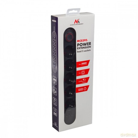 Listwa zasilająca MCE395 B 5 gniazd 3xUSB, 110-240V AC 50/60Hz, 2.1A max 2500W, czarna