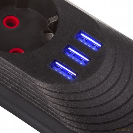 Listwa zasilająca MCE395 B 5 gniazd 3xUSB, 110-240V AC 50/60Hz, 2.1A max 2500W, czarna