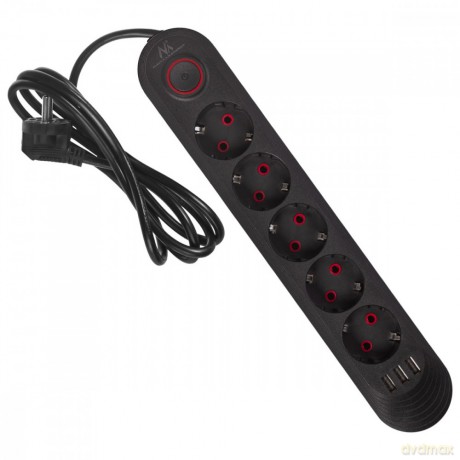 Listwa zasilająca MCE395 B 5 gniazd 3xUSB, 110-240V AC 50/60Hz, 2.1A max 2500W, czarna