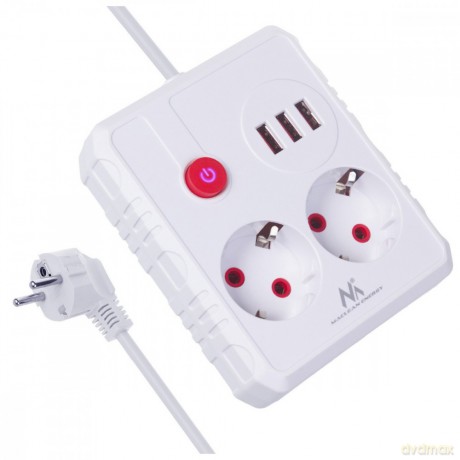 Listwa zasilająca, MCE388 W 2 gniazda, 3xUSB, 110-240V AC 50/60Hz, 2.1A max 2500W, 3m biała