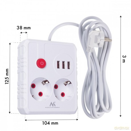 Listwa zasilająca, MCE388 W 2 gniazda, 3xUSB, 110-240V AC 50/60Hz, 2.1A max 2500W, 3m biała